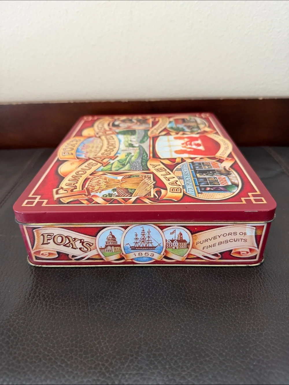 Vintage Fox's Famous Assorted Biscuits Tin Features Nostalgic Heritage Artwork